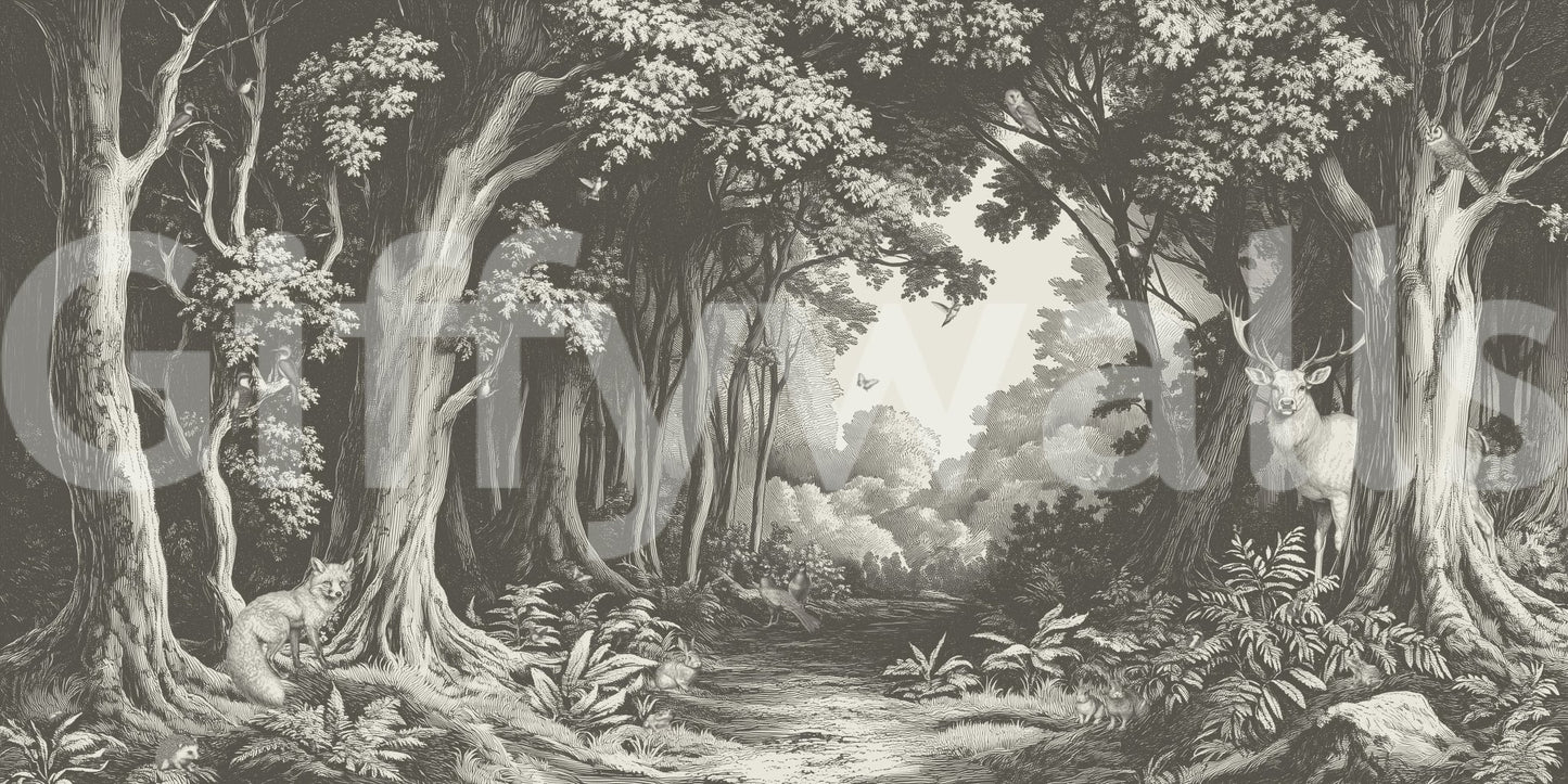 Neutral gray forest mural with atmospheric depth