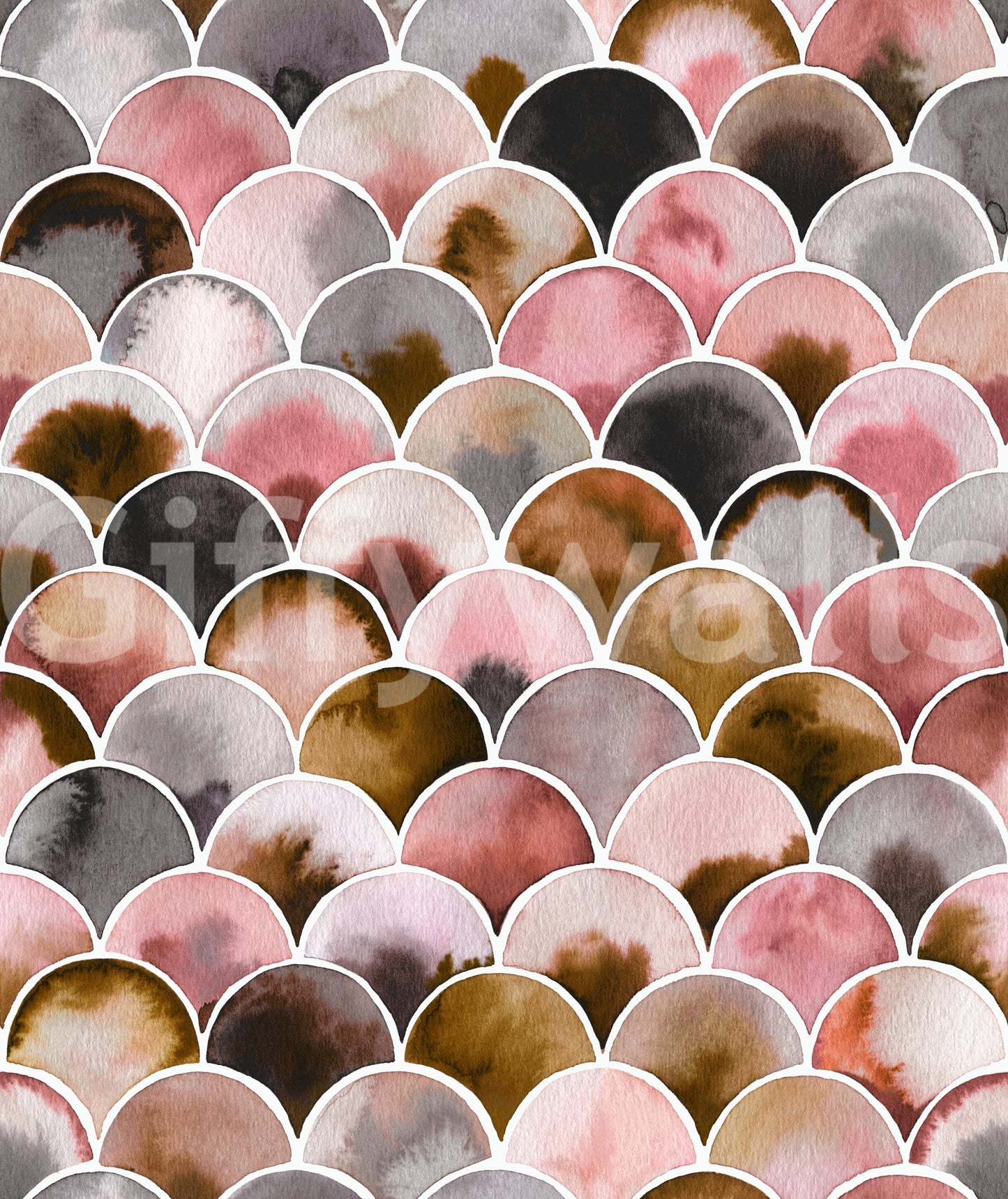 Art Deco Japandi Pink Gold Vintage wallpaper swatch of blush, brown and grey watercolor scallop scales