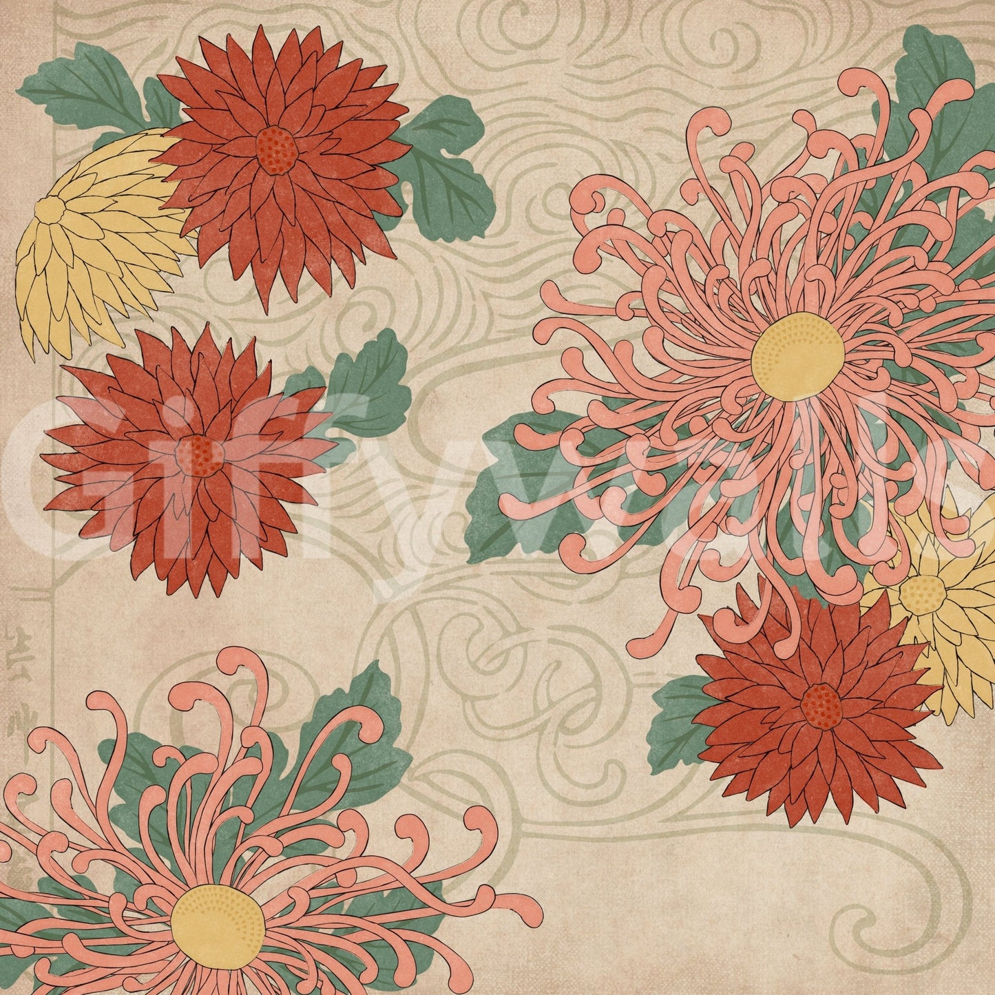 Chrysanthemum flower mural with classic Asian design