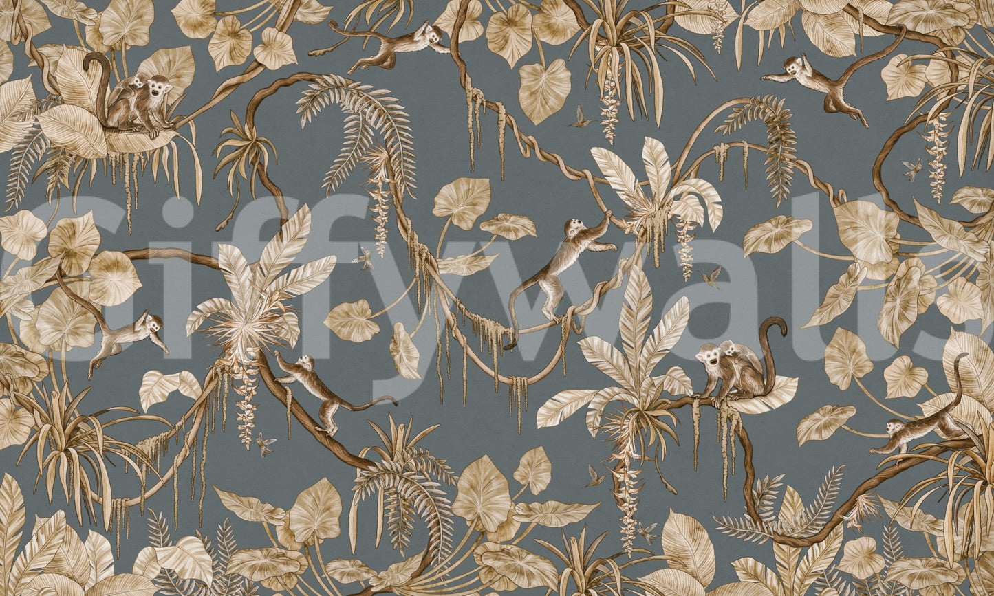 Jungle Tales wallpaper mural shown as a full-wall slate blue-grey scene of golden monkeys, palms and hanging vines