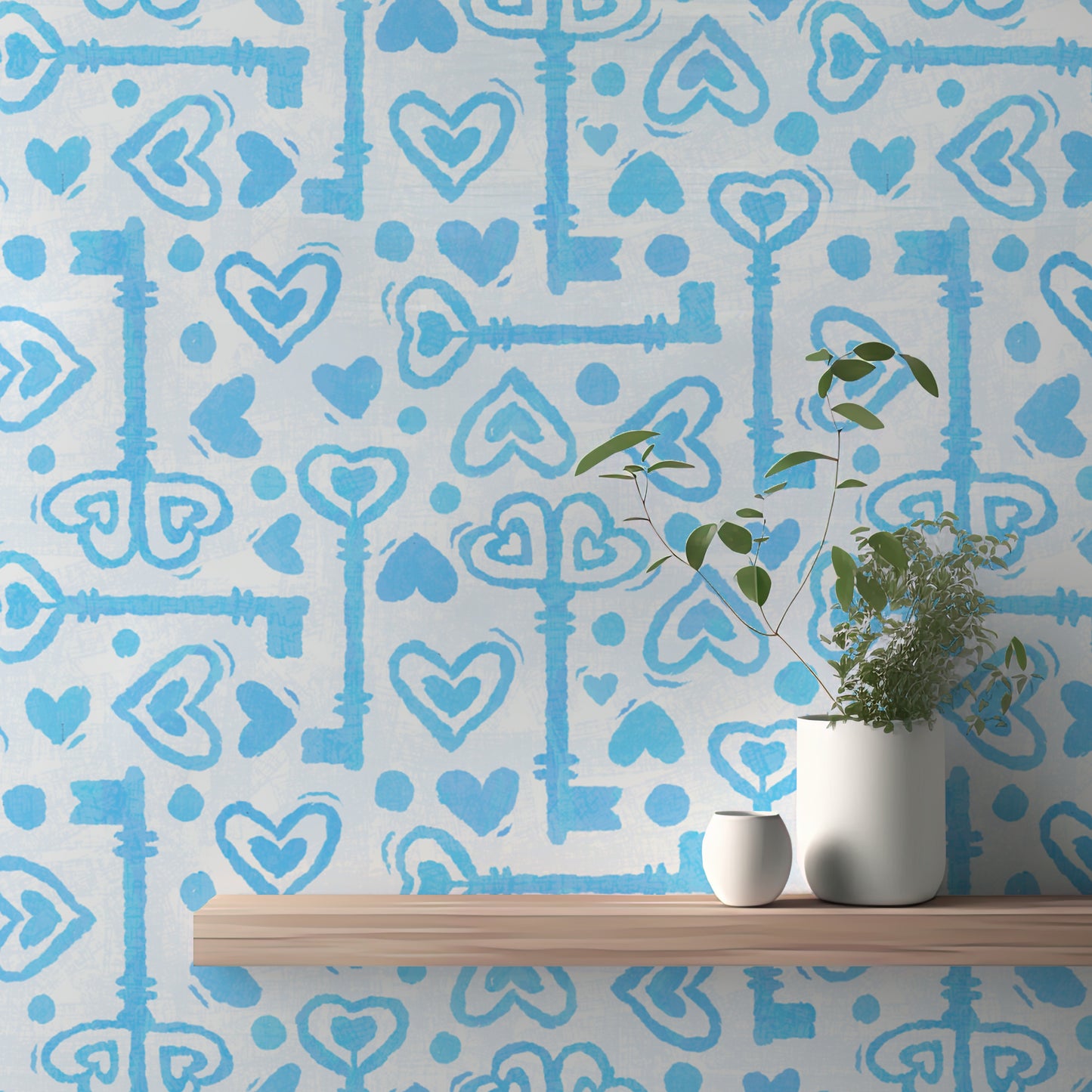 Soft blue keys and hearts on white backdrop