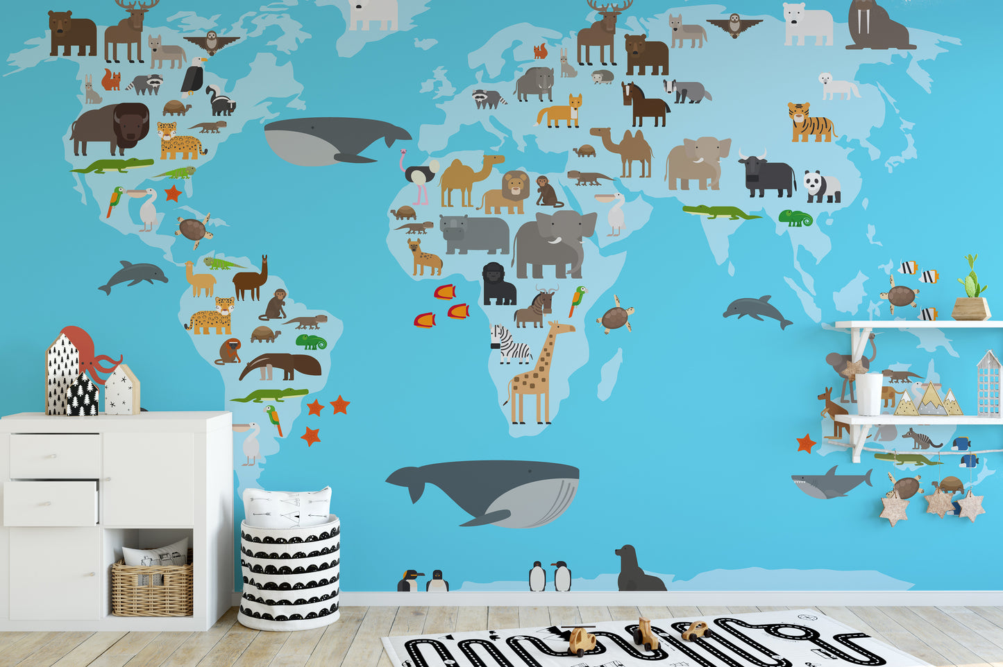 Adorable animals map wallpaper mural for kids' imaginative play.