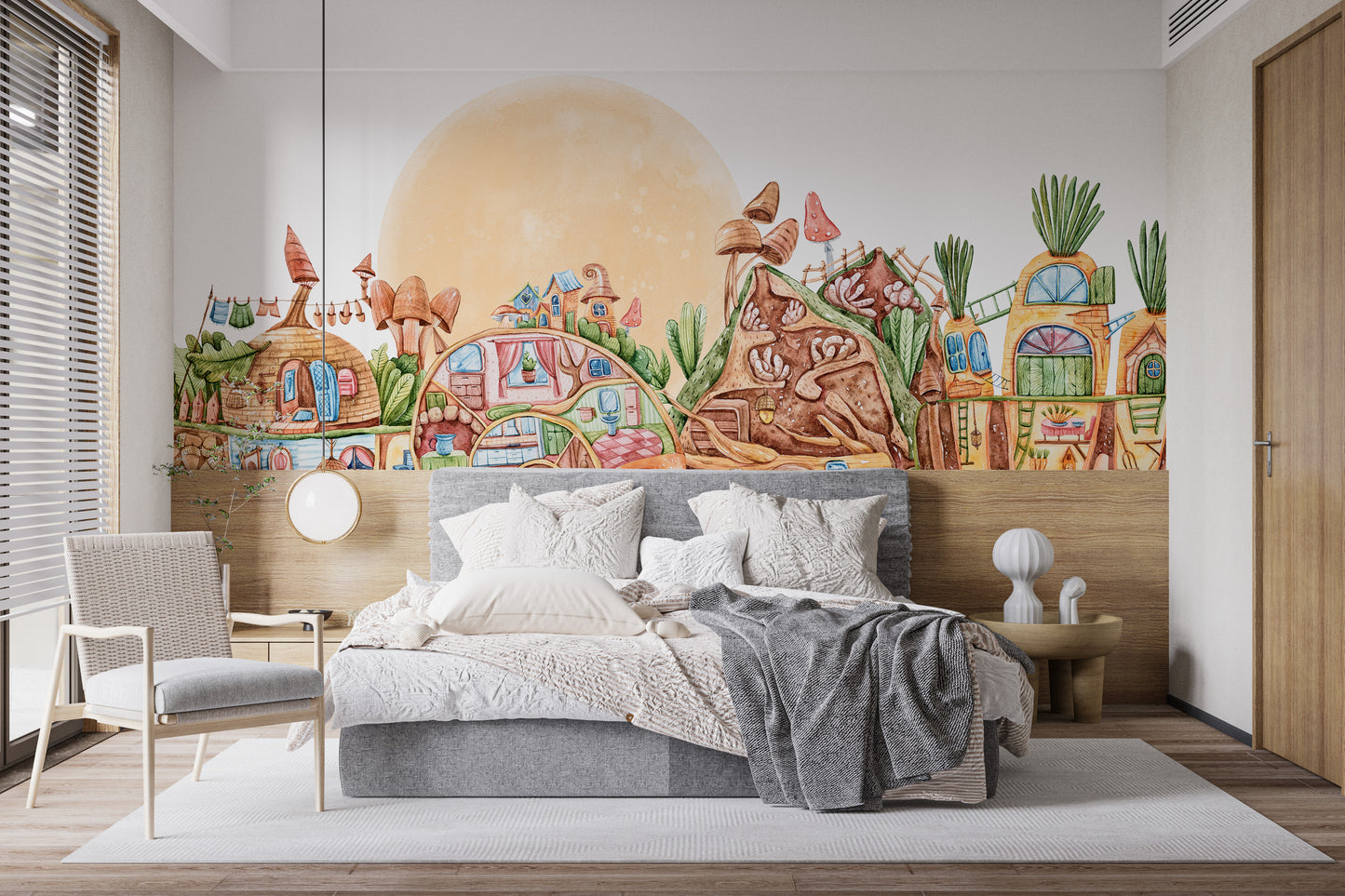 Kids’ town-themed wallpaper with playful vibes