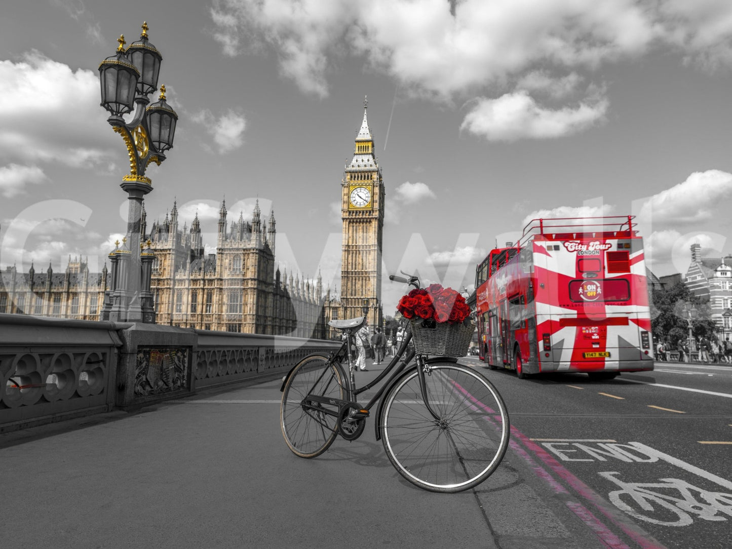 London Ride wallpaper mural shown full-wall with Big Ben, a red rose bike and double-decker bus