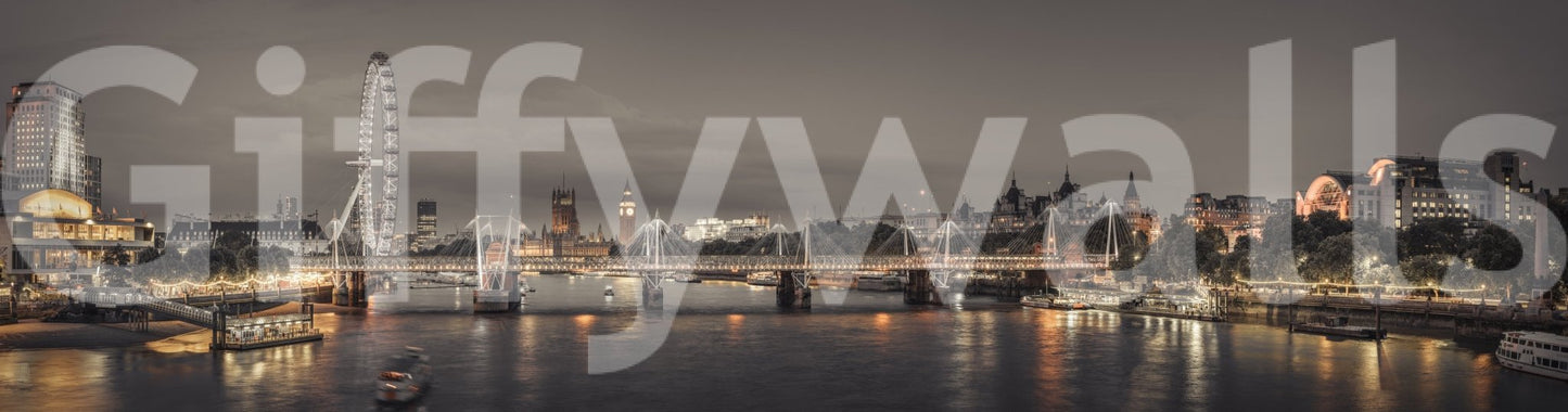 London's Nightfall wallpaper mural shown as a full-wall panorama of the Thames, London Eye and Big Ben at twilight
