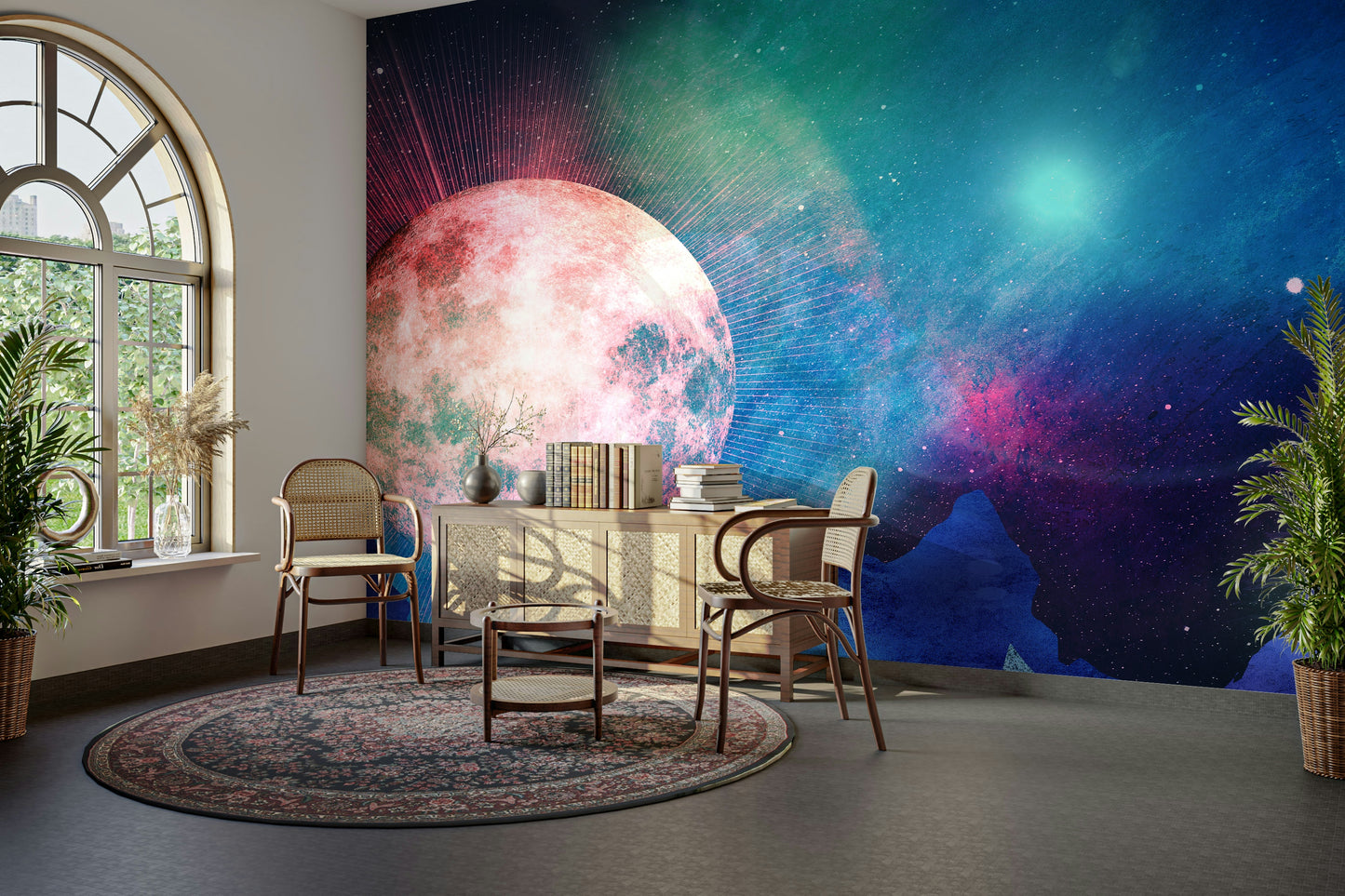 Dark blue mountain landscape wallpaper for a sophisticated gaming room.