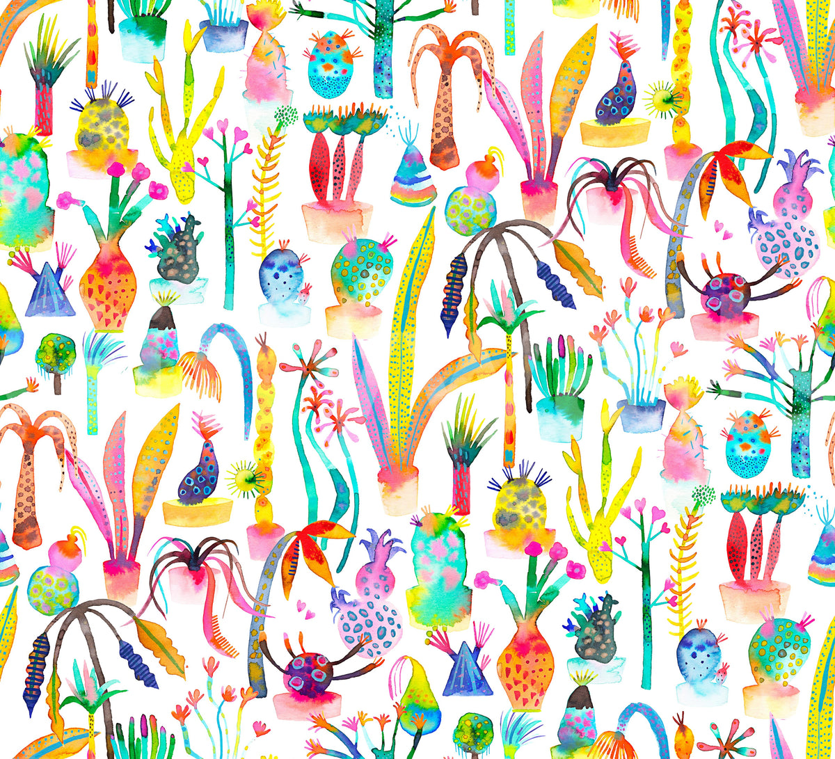 Kids Lush Garden wallpaper close-up showing whimsical potted plants and cacti in bright rainbow watercolor on white