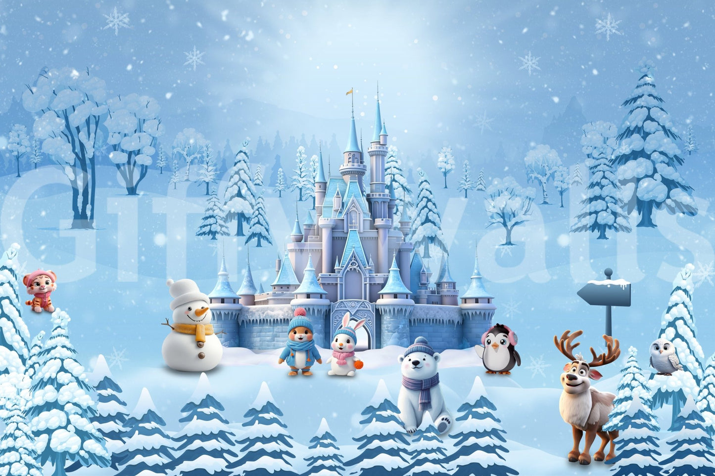 Magical winter wonderland wall mural with snowy castle, snowman, and forest animals