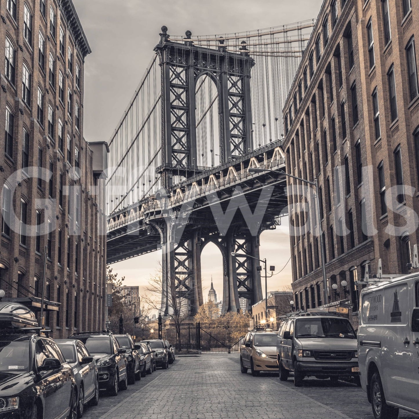 Brooklyn Dumbo perspective Manhattan mural, dramatic roadway convergence.