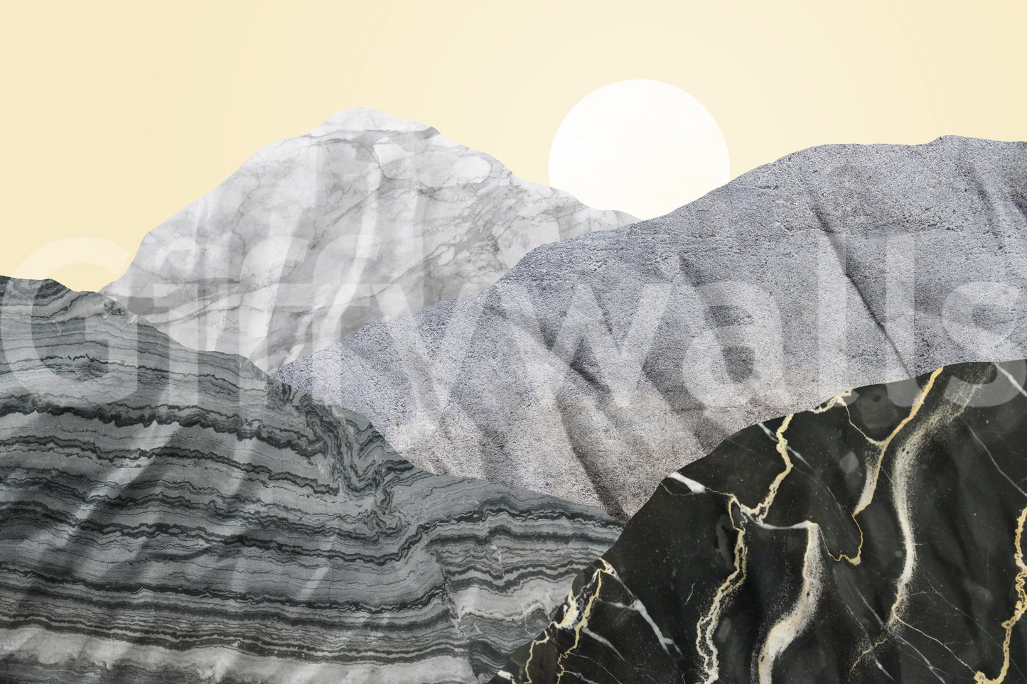 Stony Peaks Marble Sun wallpaper mural close-up showing the grey and black marble mountain layers and pale sun detail