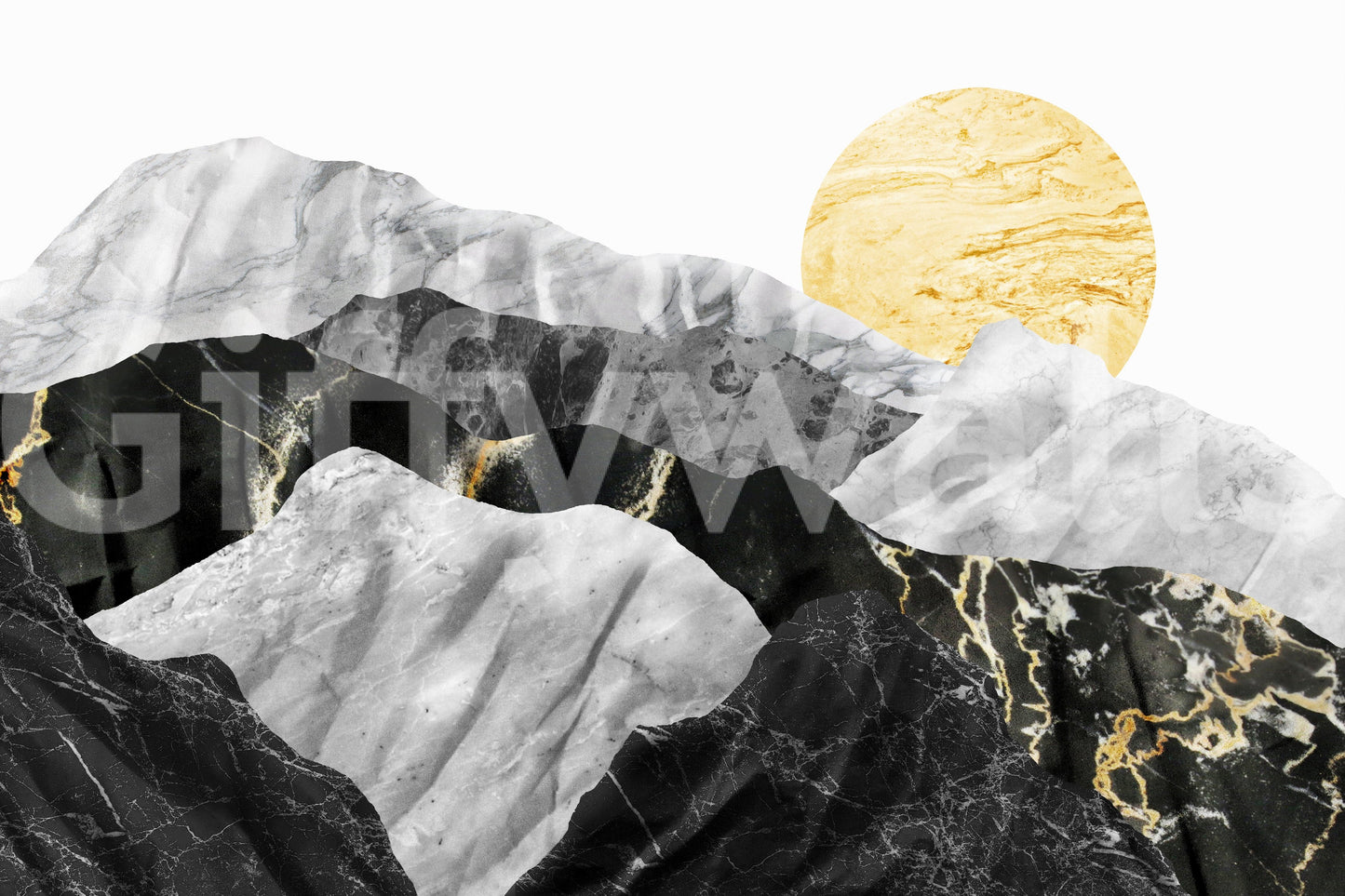 Marble Peaks wallpaper mural close-up showing the black and white marble mountains with gold veining and sun detail