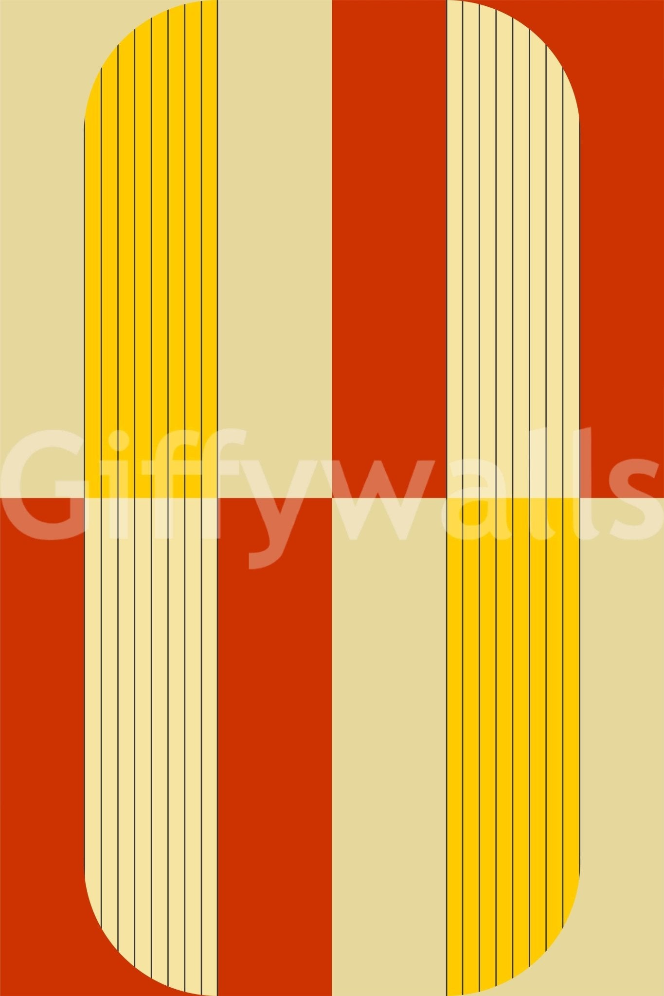 Marigold and Maple wallpaper close-up showing the retro orange, marigold and cream arch pattern