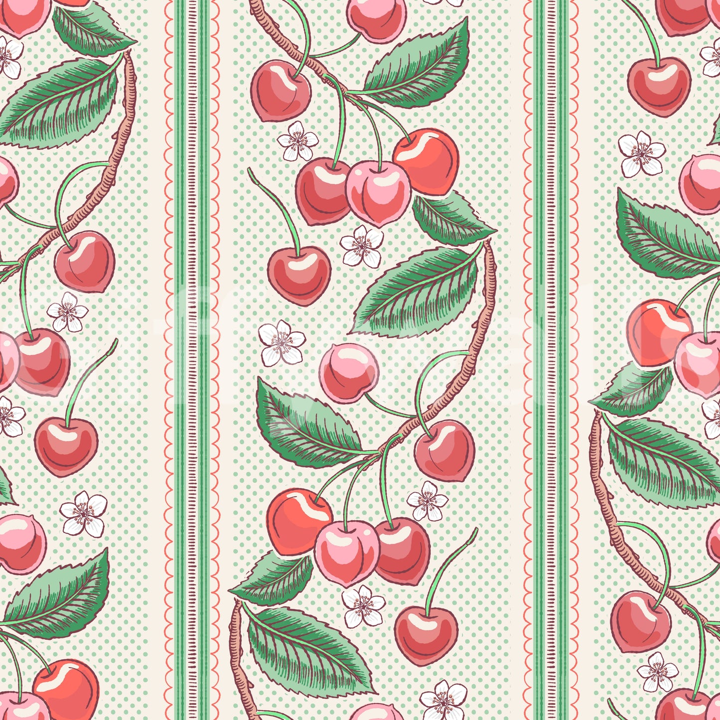 Merry Cherry Red and Green Stripe wallpaper close-up showing red cherries and green leaves on cream stripes with lace borders