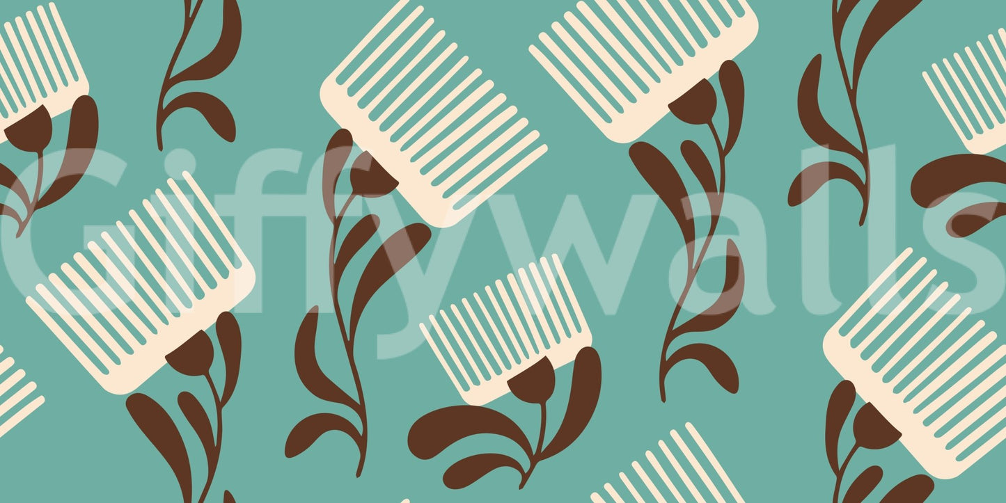 Mid Mod Wildflower Comb - Teal Beige Wallpaper