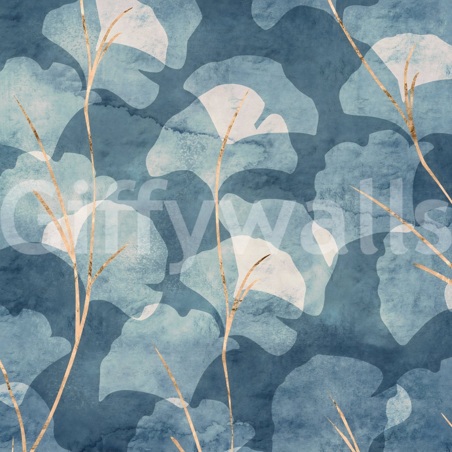 Midwinter Gingko Cyanotype peel and stick wallpaper midnight hues.