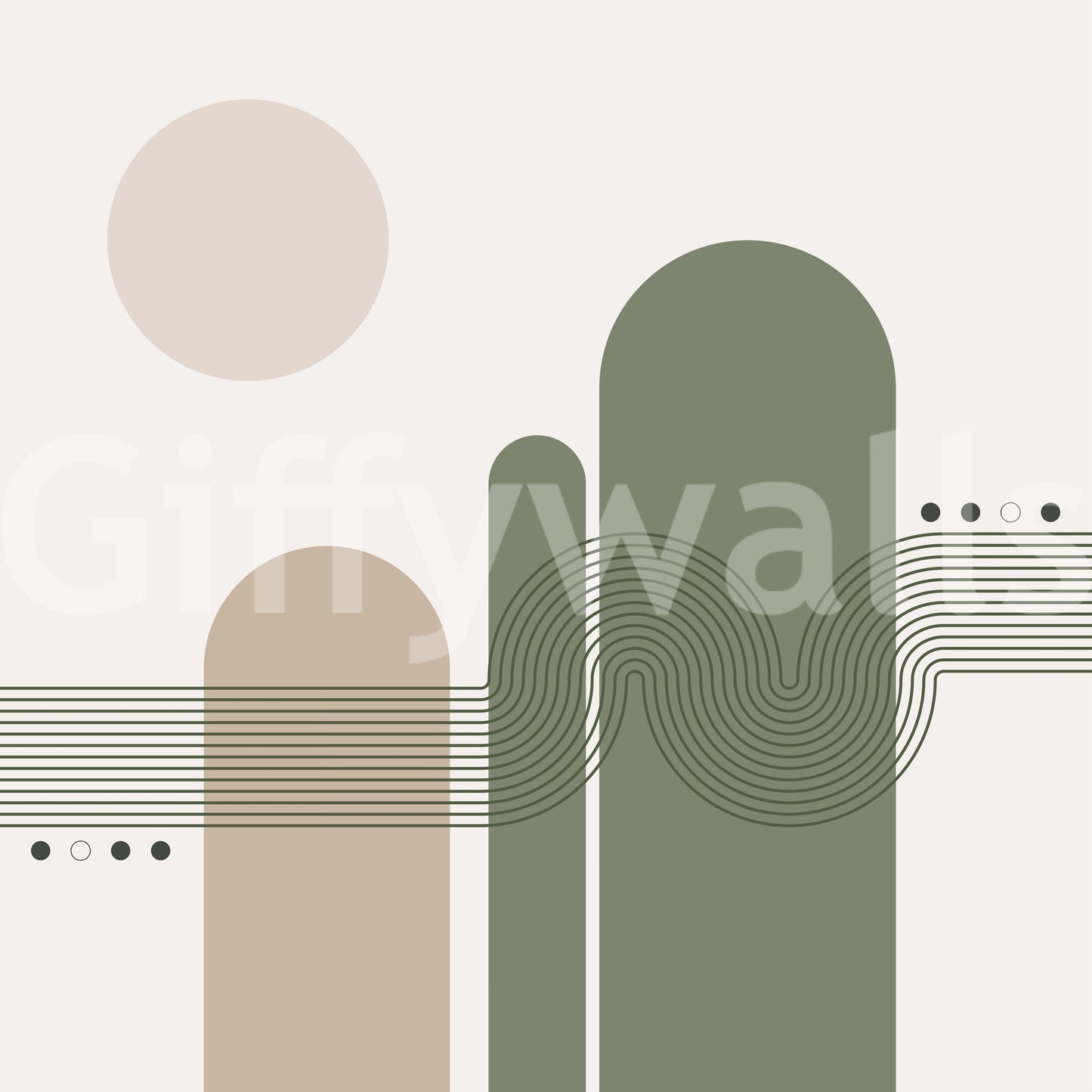 Minimalist Desert Vibes wallpaper mural shown as a full-wall design of sage and beige arches with thin line accents