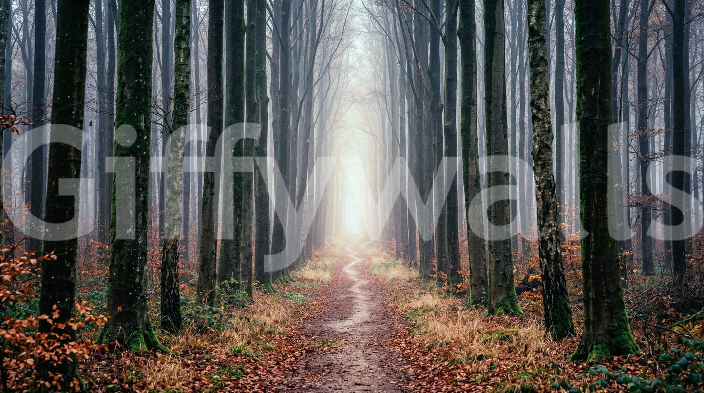 Autumn forest wall mural misty trail tree avenue