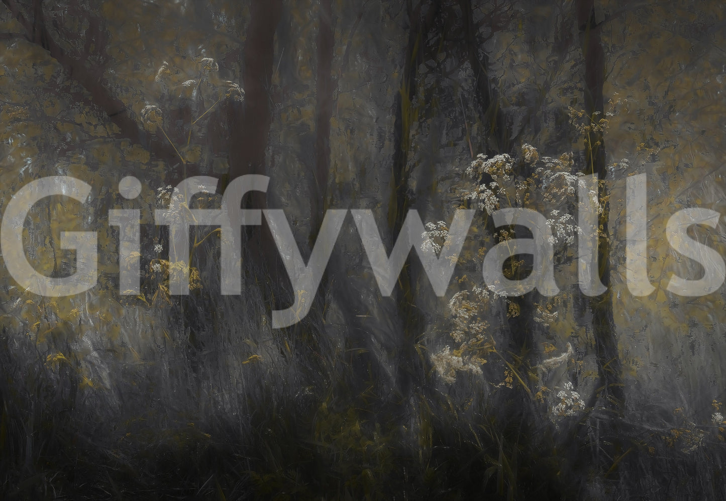 Misty Hollow wallpaper mural close-up showing the dark forest trunks and white wildflower pattern detail