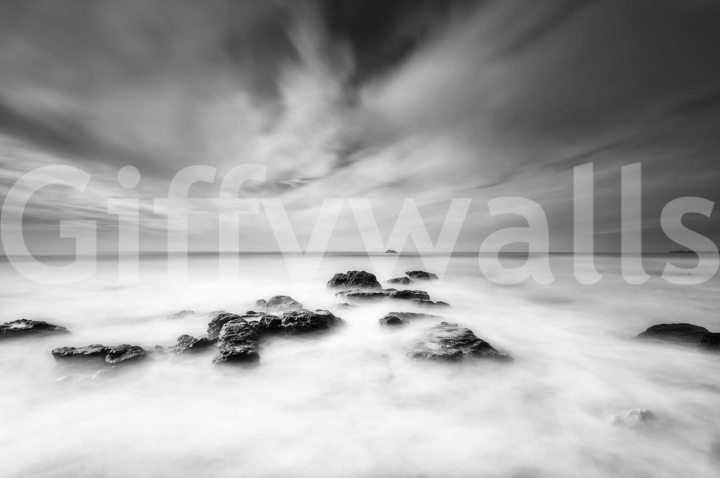 Monochrome Seascape Dream mural close-up showing silky long-exposure water over dark rocks and stormy sky