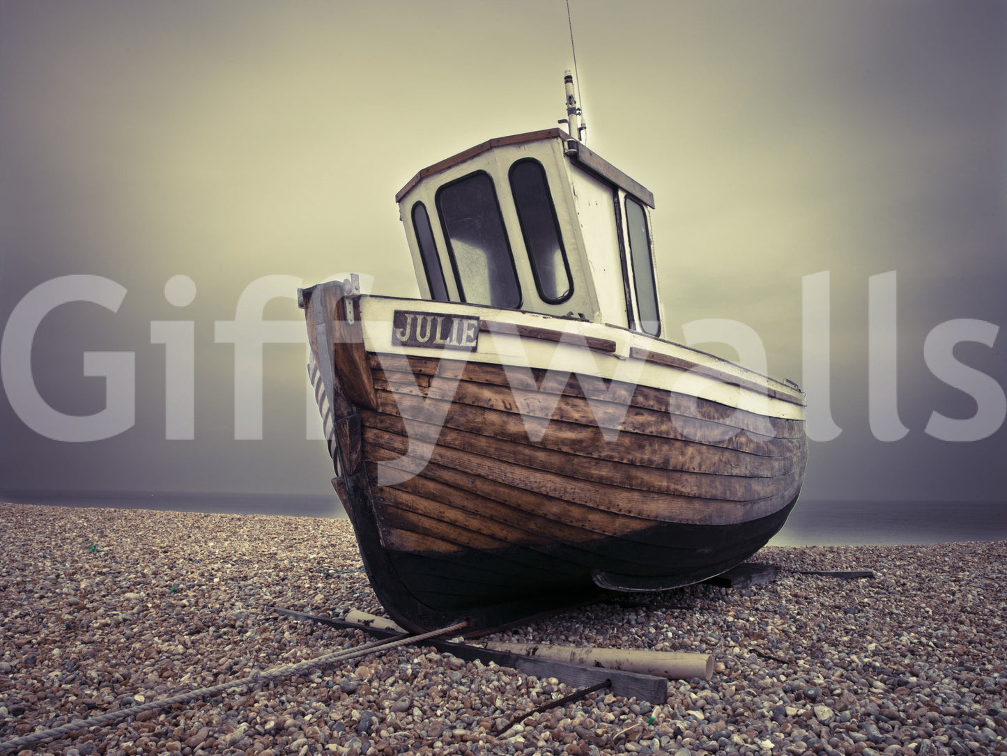 Kitchen breakfast area wall mural with moored boats scene, coastal colour styling for home décor