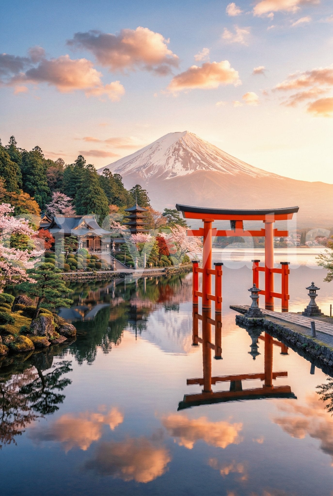Japanese landscape wall mural featuring Mount Fuji, pagoda, and water reflection