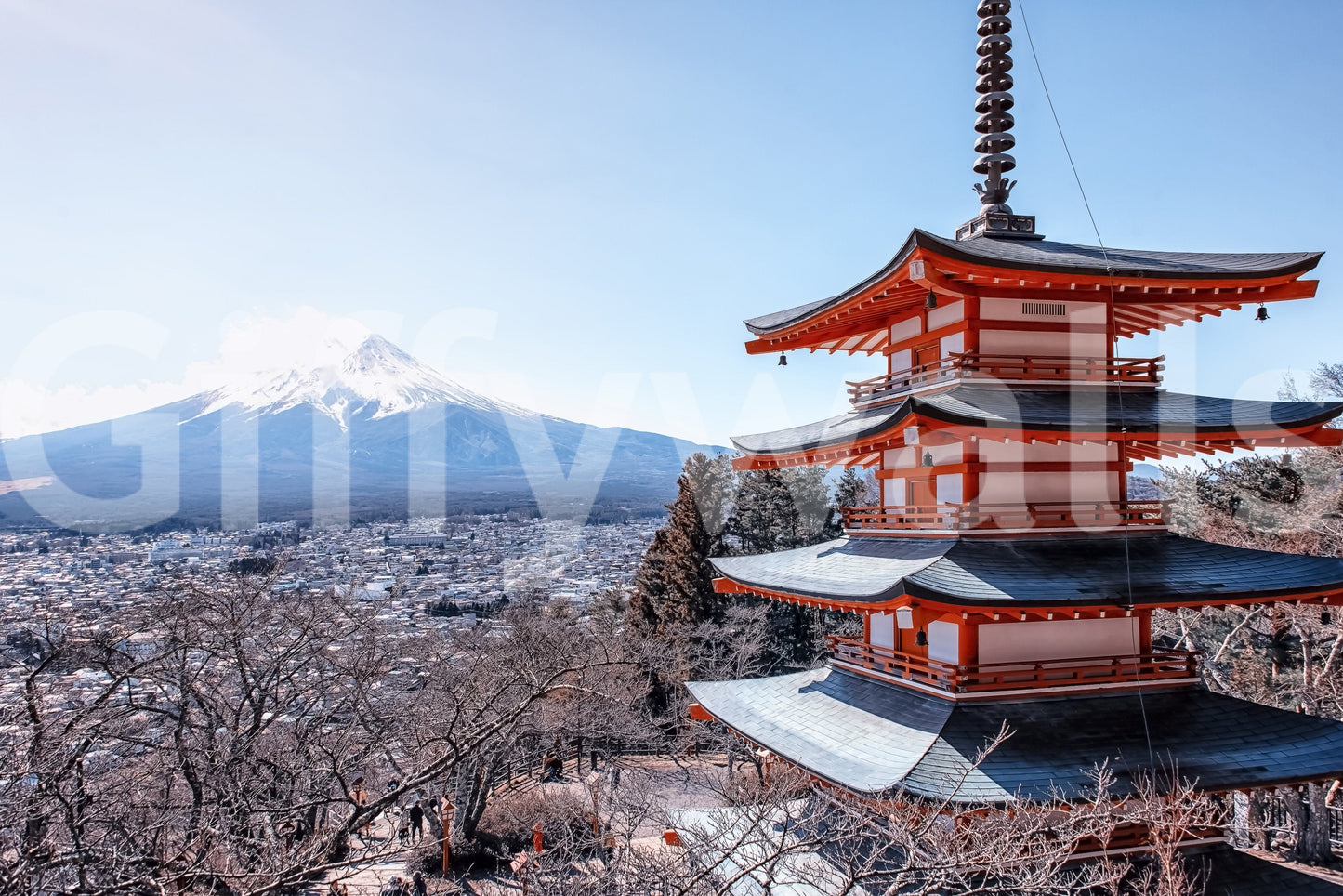 Tranquil Pagoda Peak wallpaper mural close-up of the red five-story pagoda overlooking the town with snowy Mount Fuji beyond
