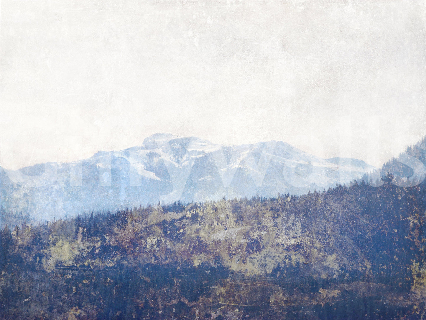 Mountain Vista Texture wallpaper mural shown as a full-wall mural of faded blue mountains and forested foothills on aged canvas