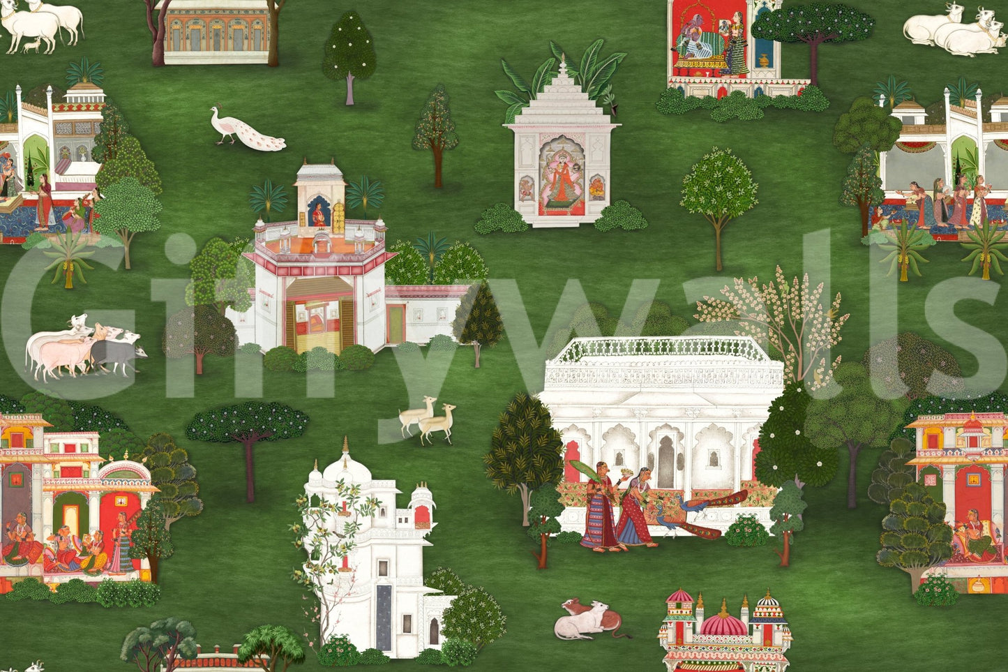 Mughal garden wall mural with white pavilions, trees, and royal courtyard scenes