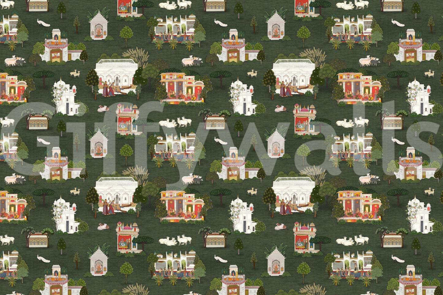 Mughal-inspired wall mural with architectural and garden pattern