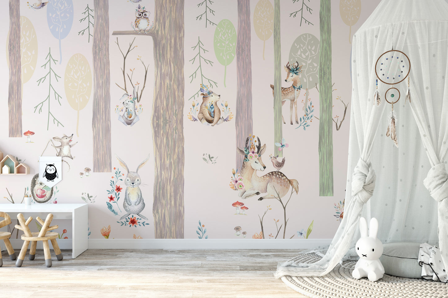 Mystical Forest Wallpaper with Armadillo and Owl Details