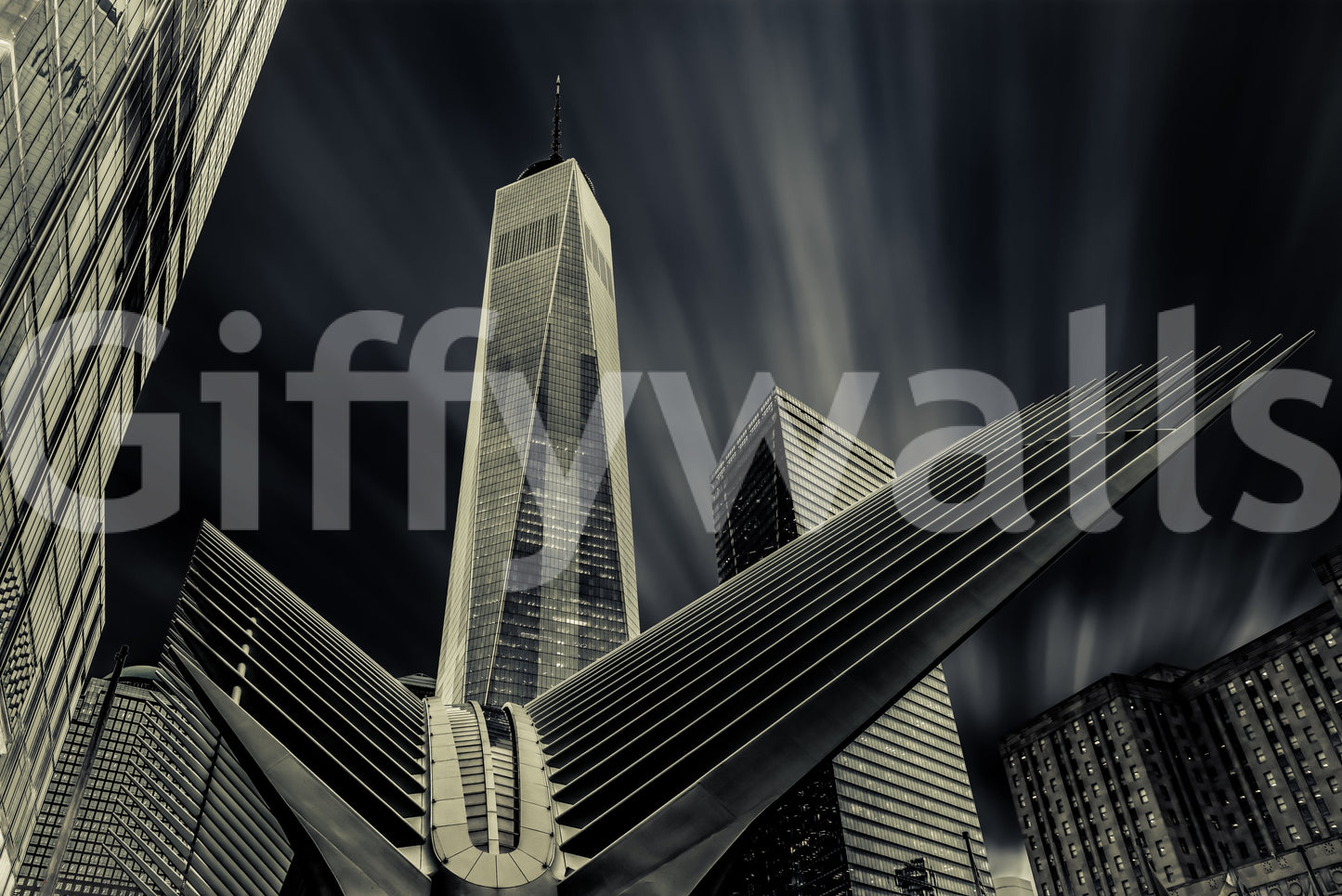 NYC Architectural Drama wallpaper mural showing the One World Trade tower and white Oculus wings in dramatic black and white