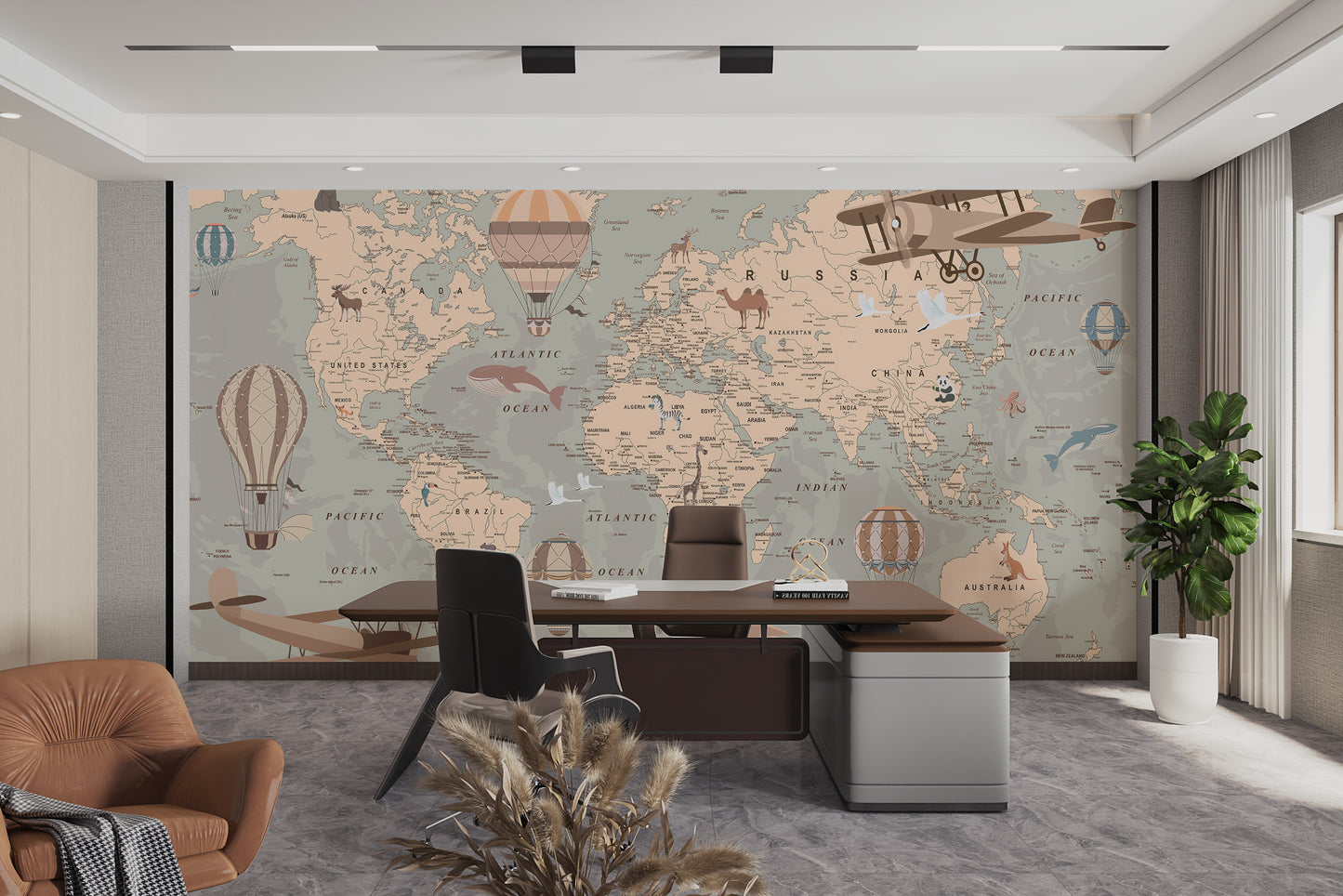 Artistic vintage world map mural wallpaper with aeronautical details for offices.