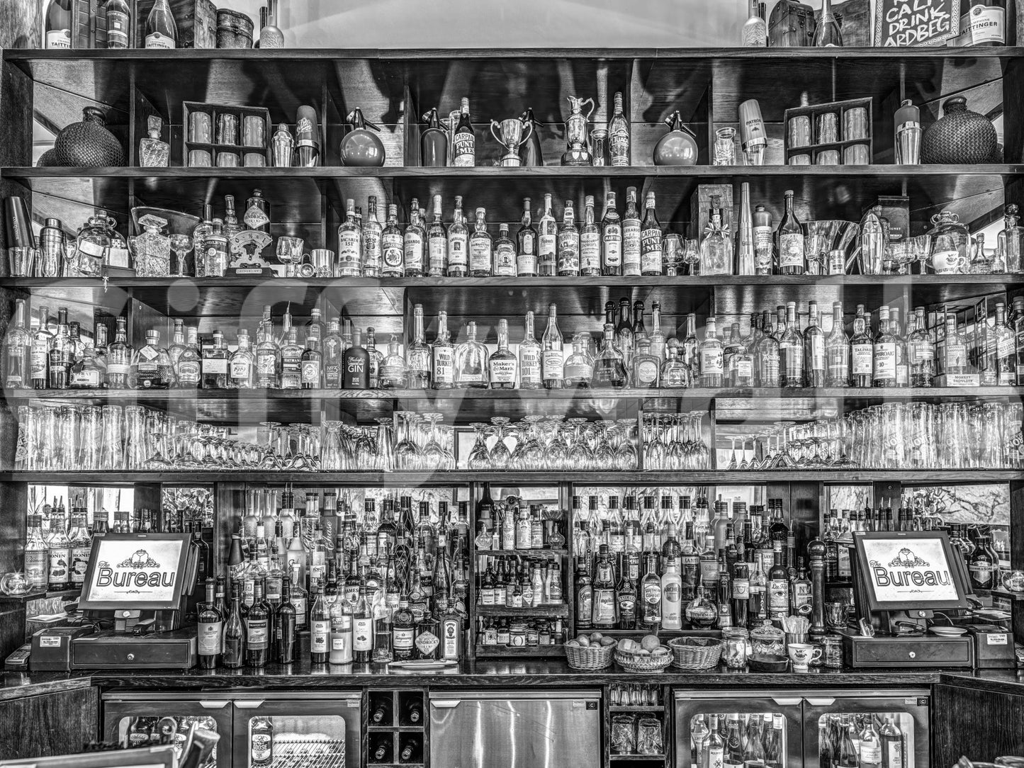 Antique bar shelf wallpaper with nostalgic decor