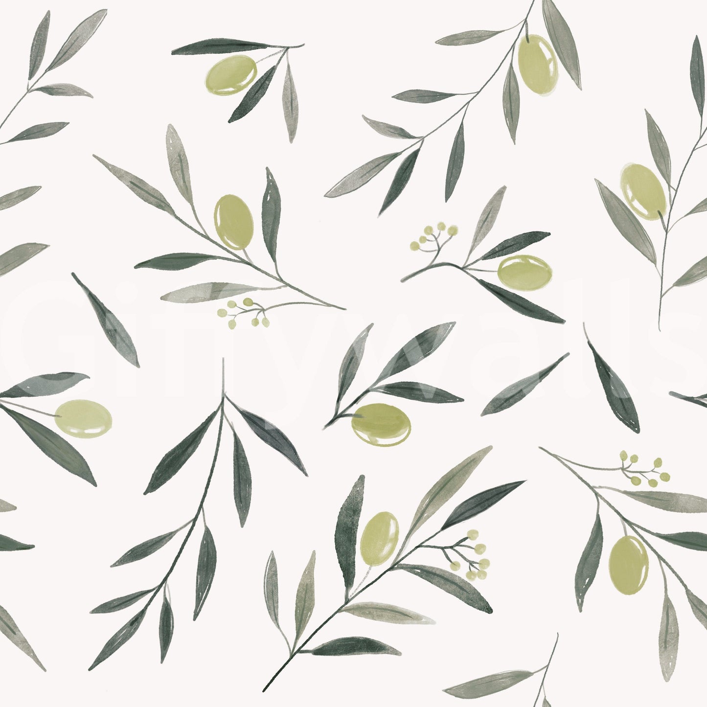 Watercolor Olive Garden Leaves and Fruit Wallpaper