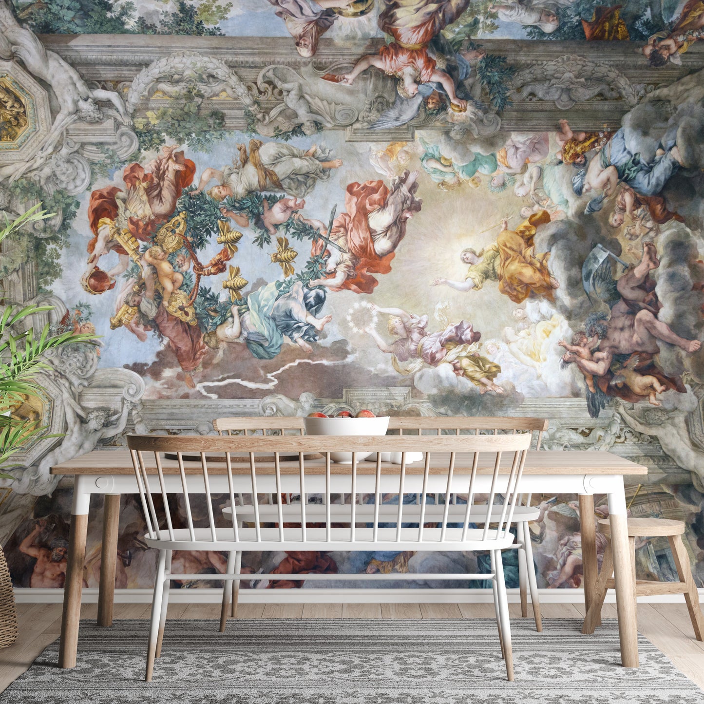 Palazzo Barberini wallpaper mural with a baroque ceiling fresco above a wood dining table and spindle chairs