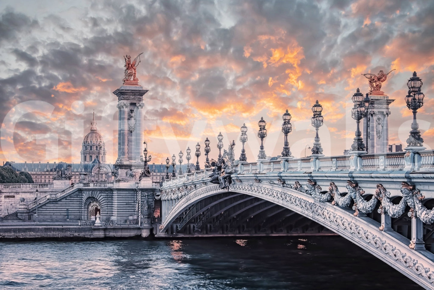 Parisian Bridge Sunset wallpaper mural shown as a full-wall view of the Pont Alexandre III under a fiery sky