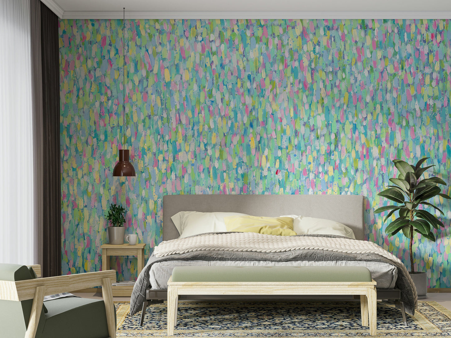 A peaceful modern art mural on decorative wallpaper.