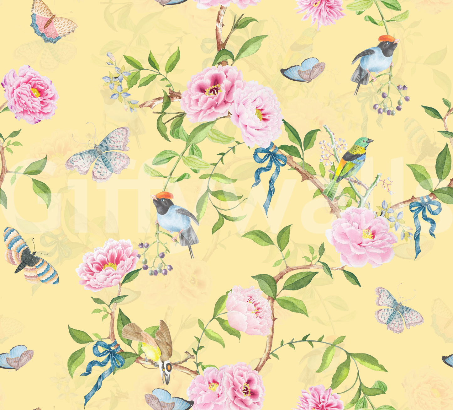 Decorative chinoiserie mural with spring-inspired garden motifs.