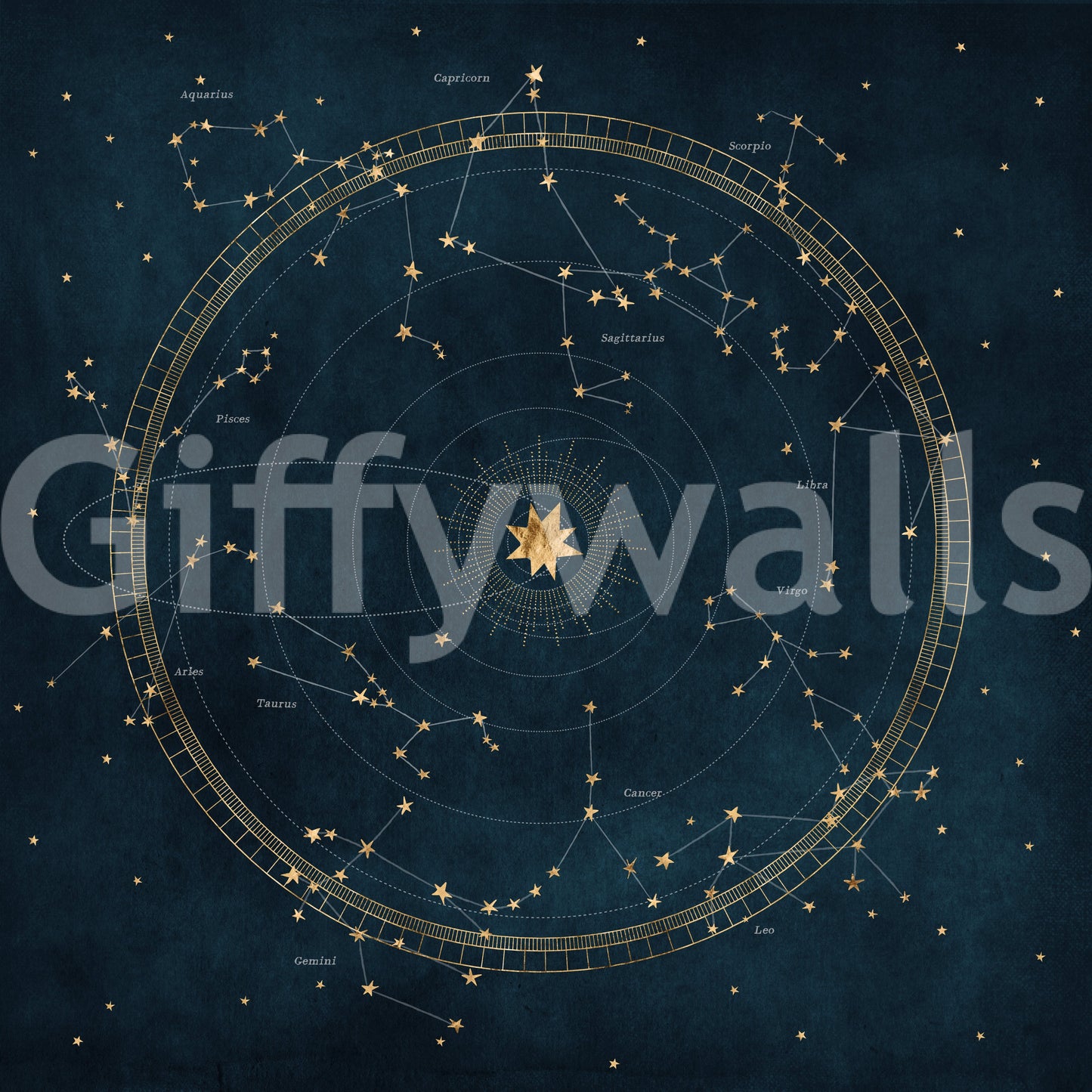 Petrol Astro Wheel Mural with star and planetary motifs.