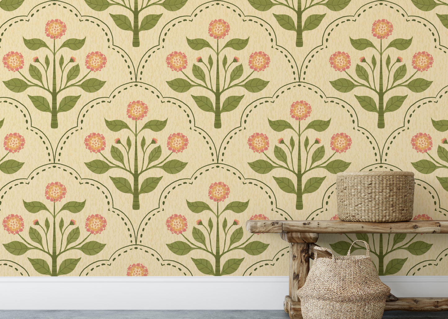 Beige floral wallpaper featuring pink lantana blooms