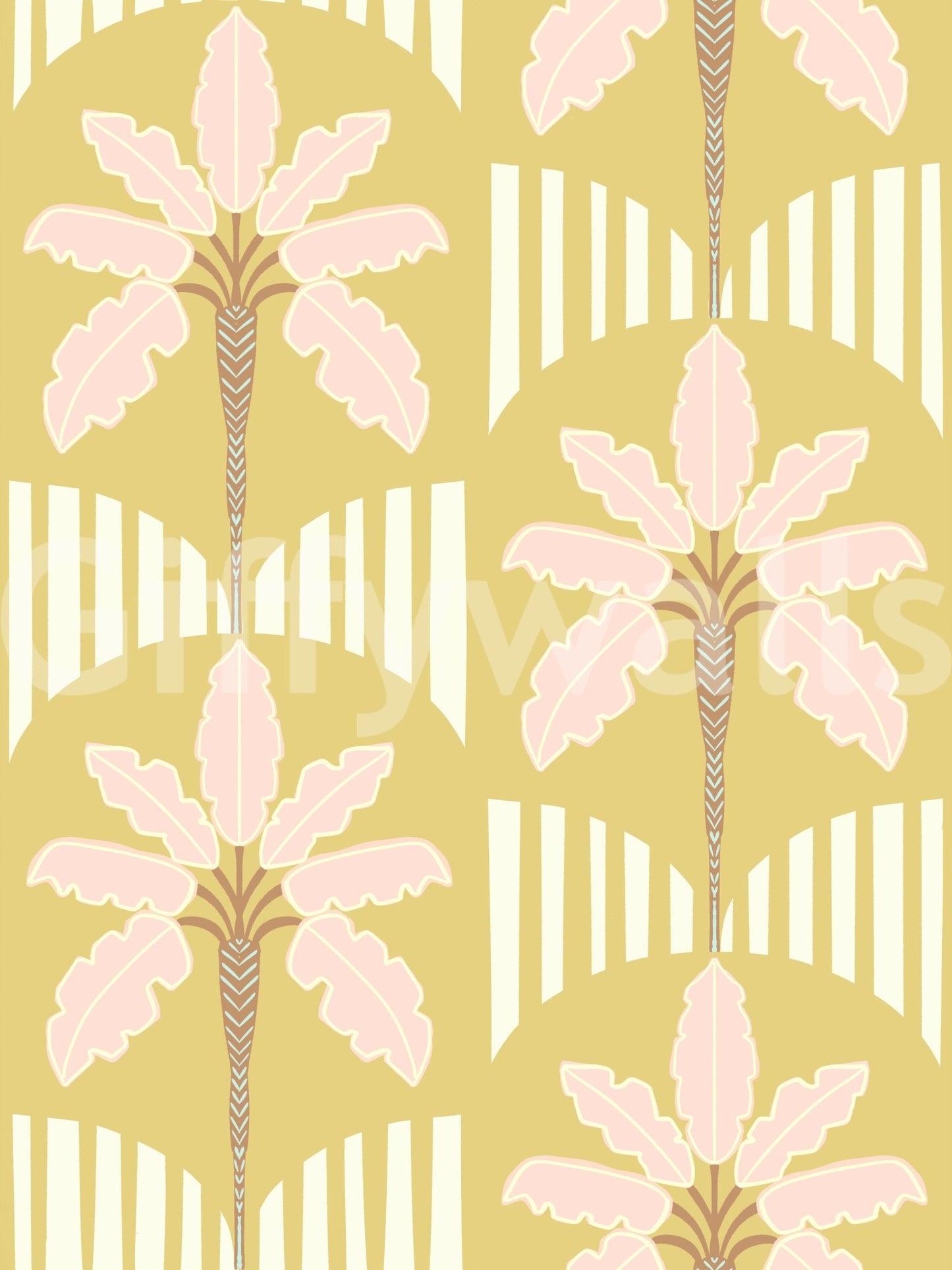 Pink palm wallpaper with mustard background and stripe arches