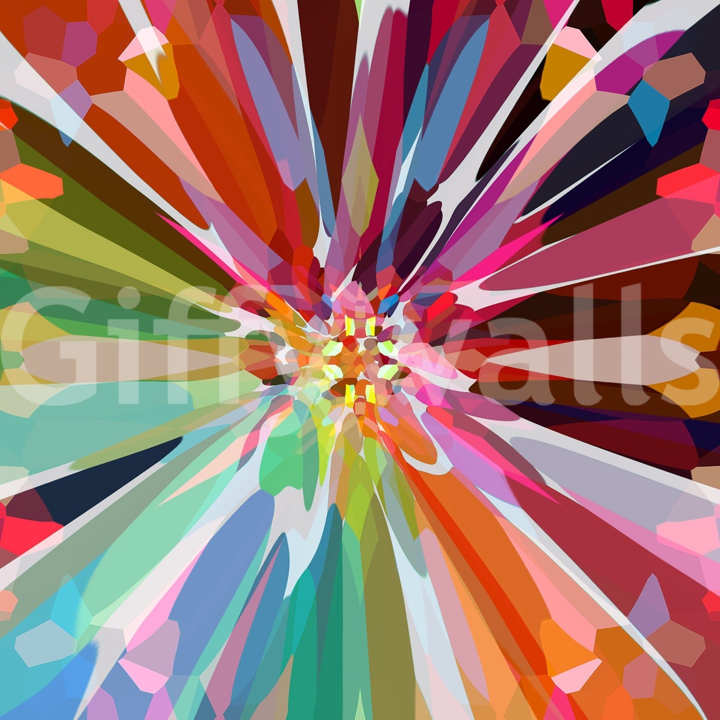 Living room with colorful prismatic mural feature