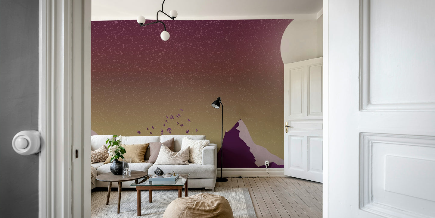 Modern apartment living room featuring a serene mountain landscape mural.