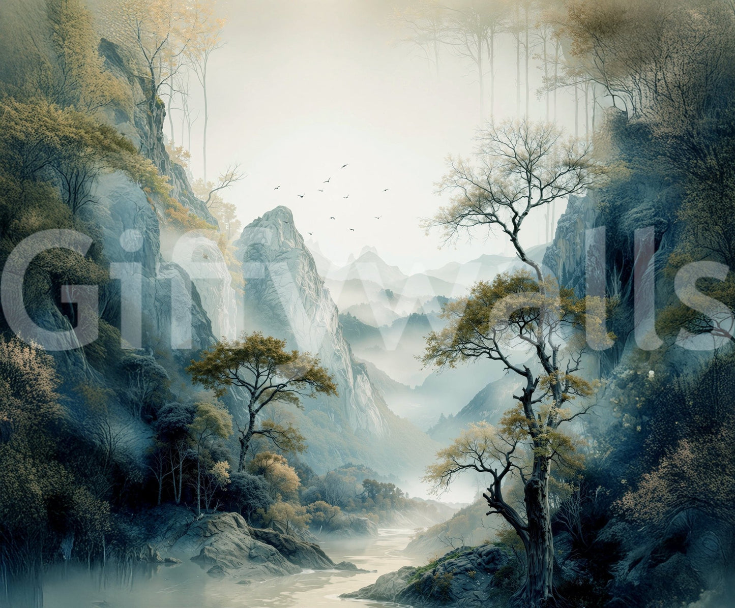 Quiet River Valley wall mural shown as a full-wall blue-grey ink scene of misty peaks and a winding river