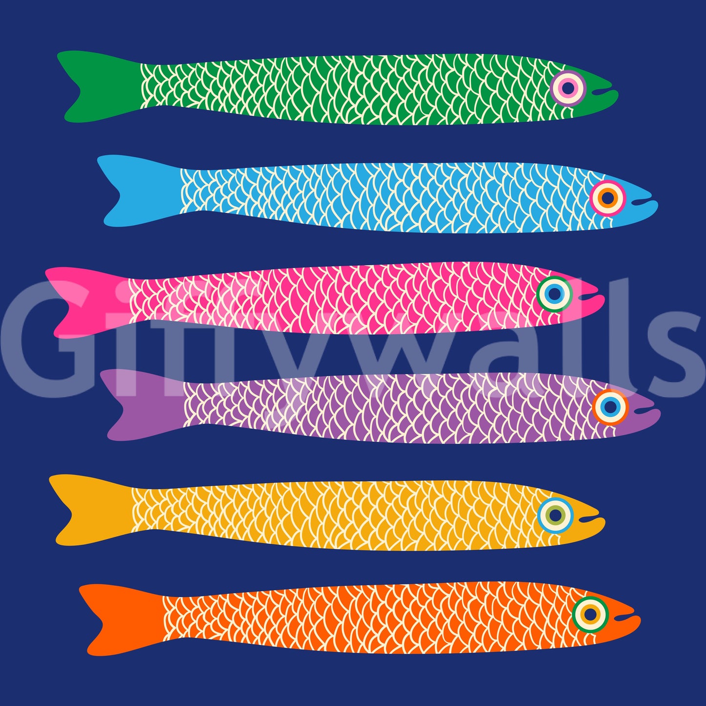 Whimsical fish mural in bright rainbow colors set on royal blue for bold interiors.