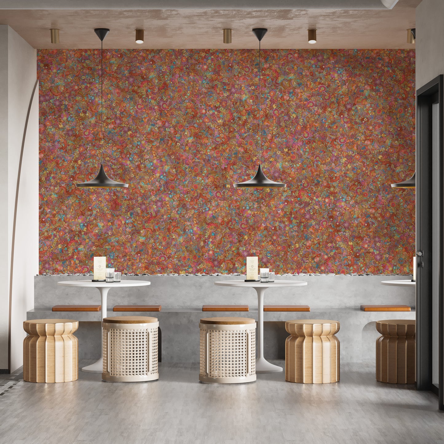 Artistic red embroidered floral murals