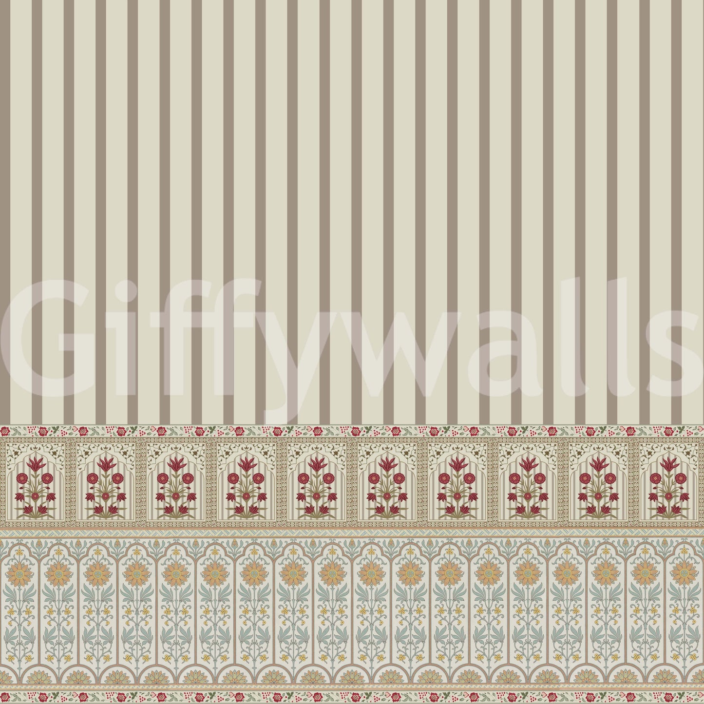 Soft flower wallpaper mural paired with timeless striped wallpaper design
