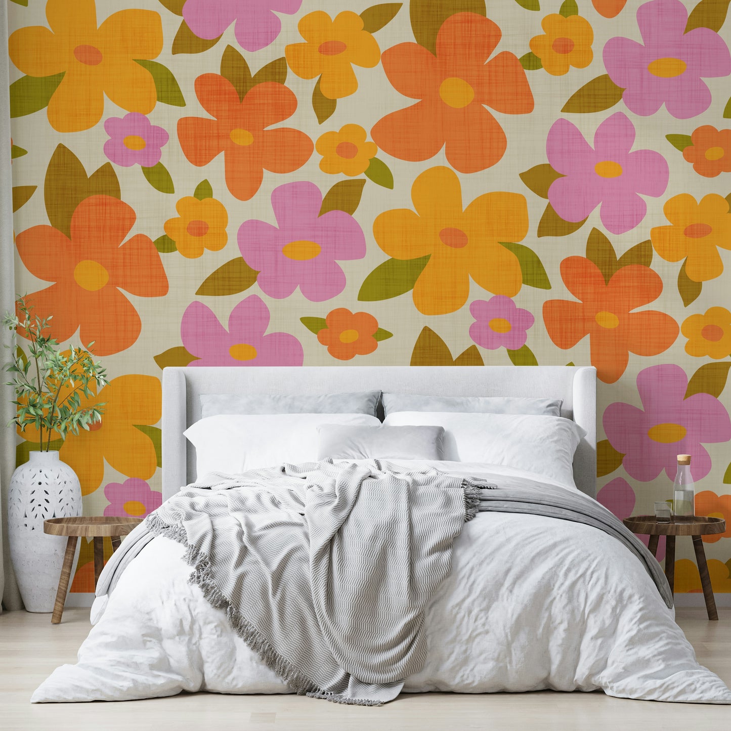 Retro Bright Flowers in Orange Pink Yellow Wallpaper