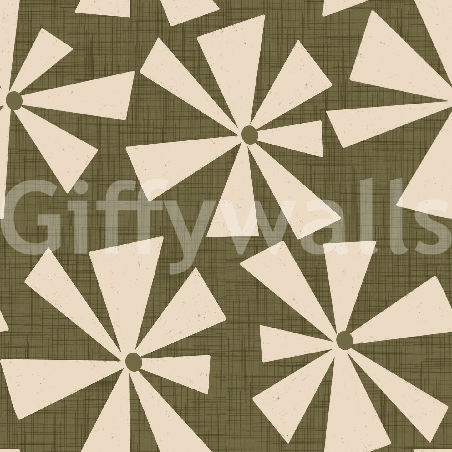Soft geometric wallpaper with retro pinwheel bursts in a warm, earthy palette.
