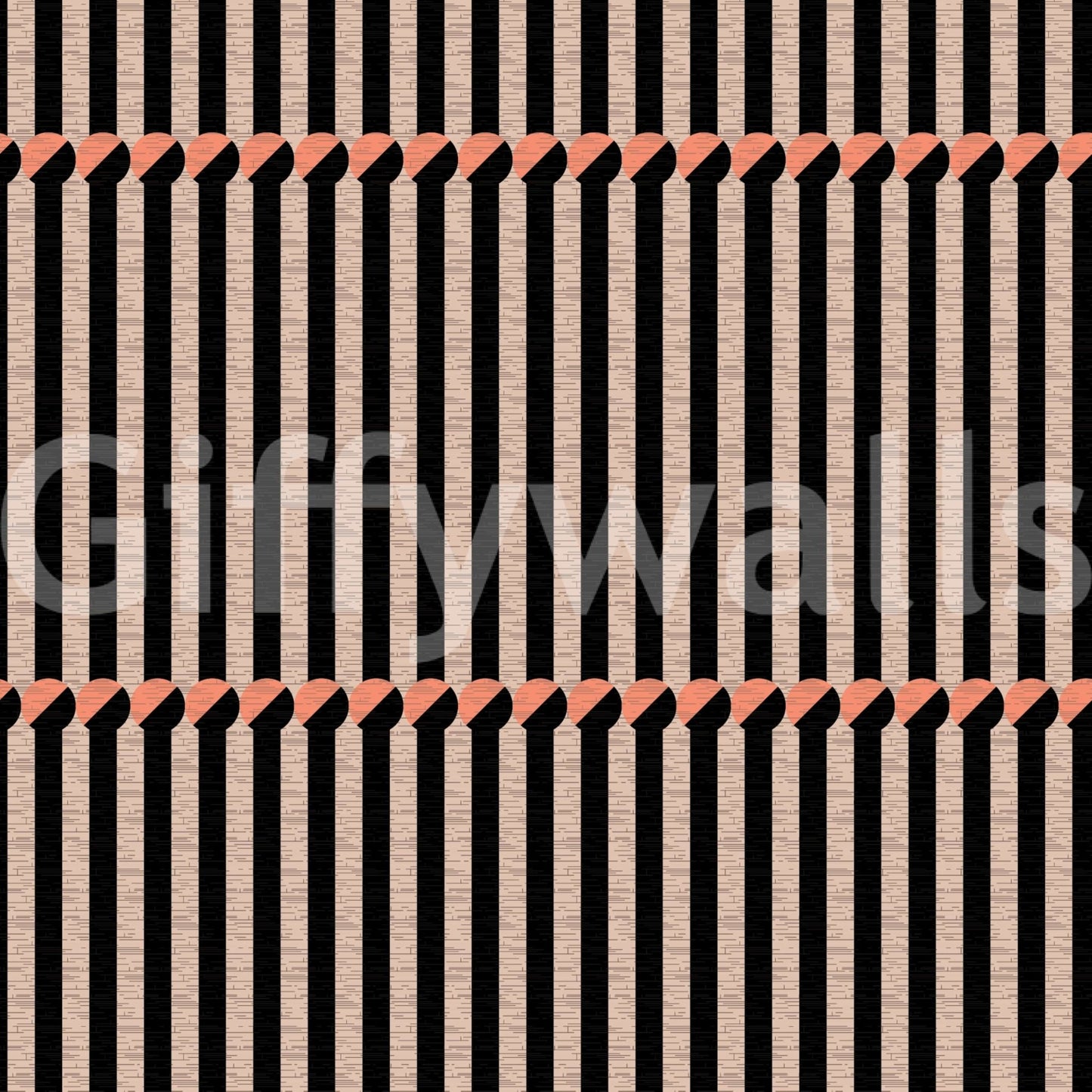 Retro Lines wallpaper swatch detail of tan vertical slats on black with coral highlights